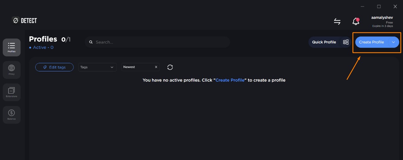 0Detect — “Create profile” button