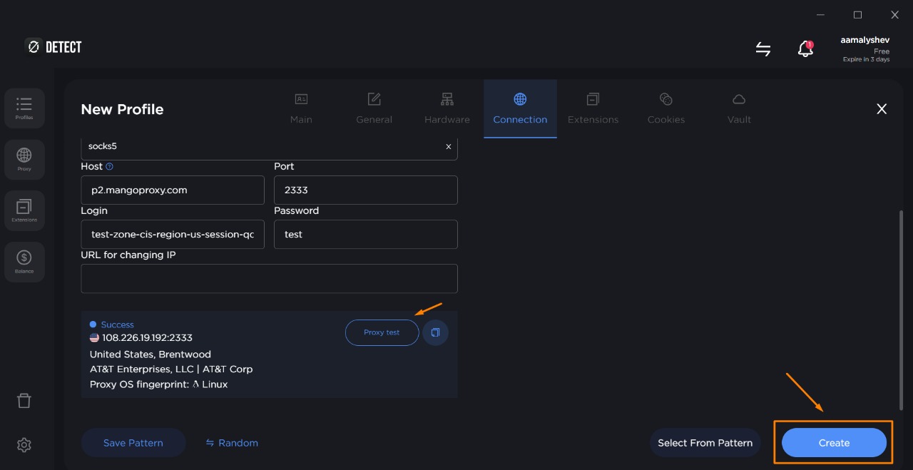 0Detect — “Test proxy” and Create