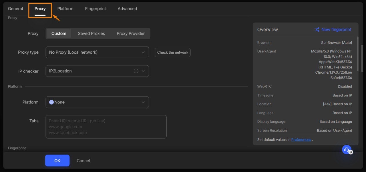 Proxy tab in the AdsPower profile settings window