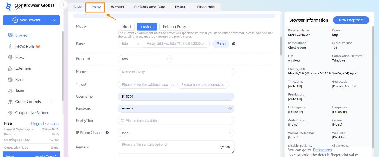 Profile parameters