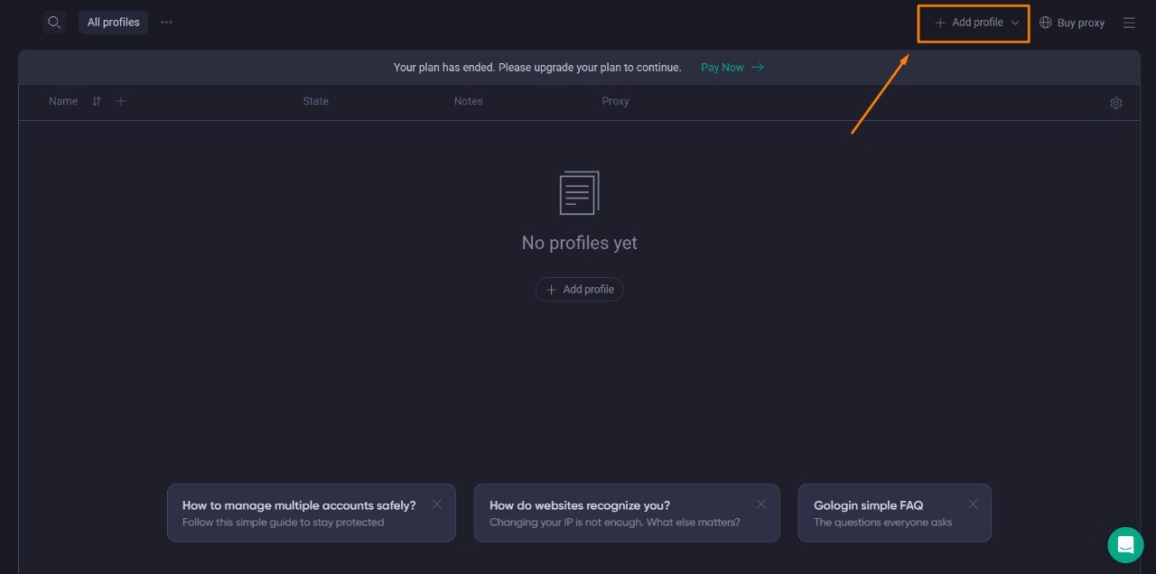 Main GoLogin interface with the “Add profile” button