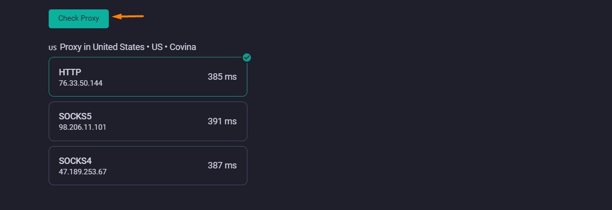 Result of proxy check showing speed and IP address