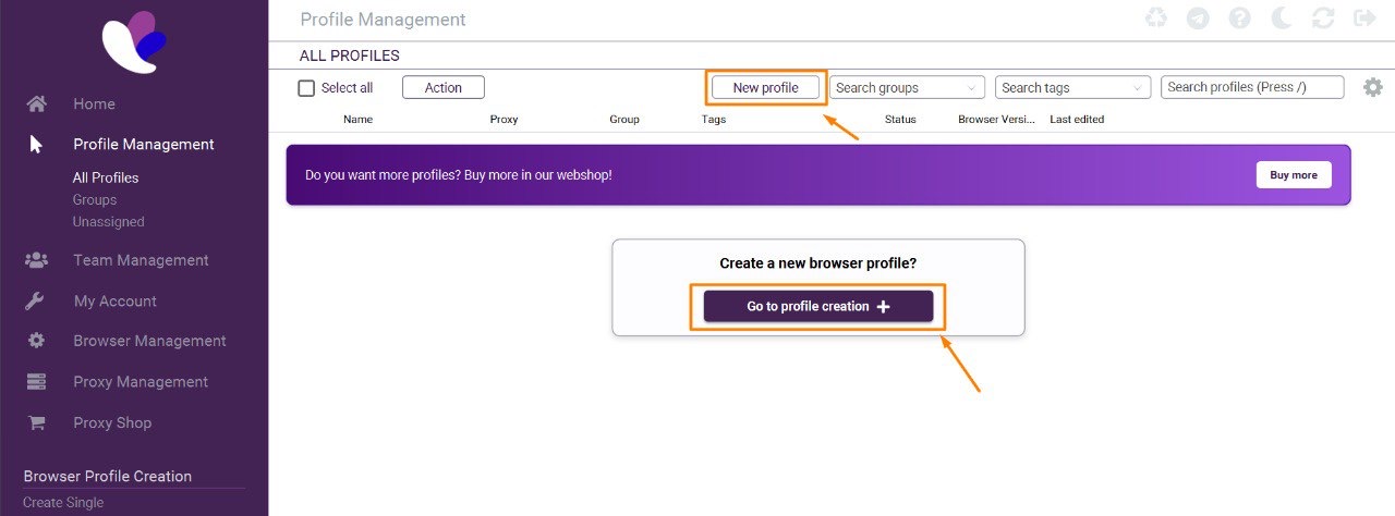 Incognition Browser interface with the create profile button