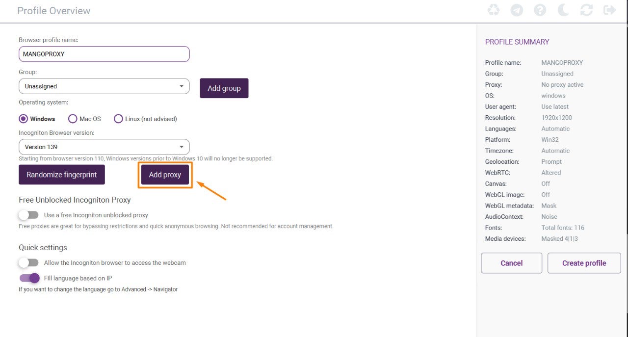 Incognition Browser interface